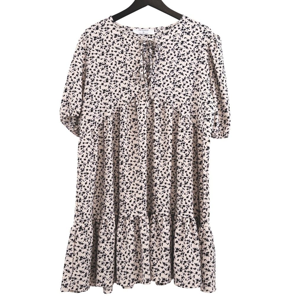 Primark Babydoll Dress Women XL Cream Black Floral Tiered Puff Sleeve Boho Mini